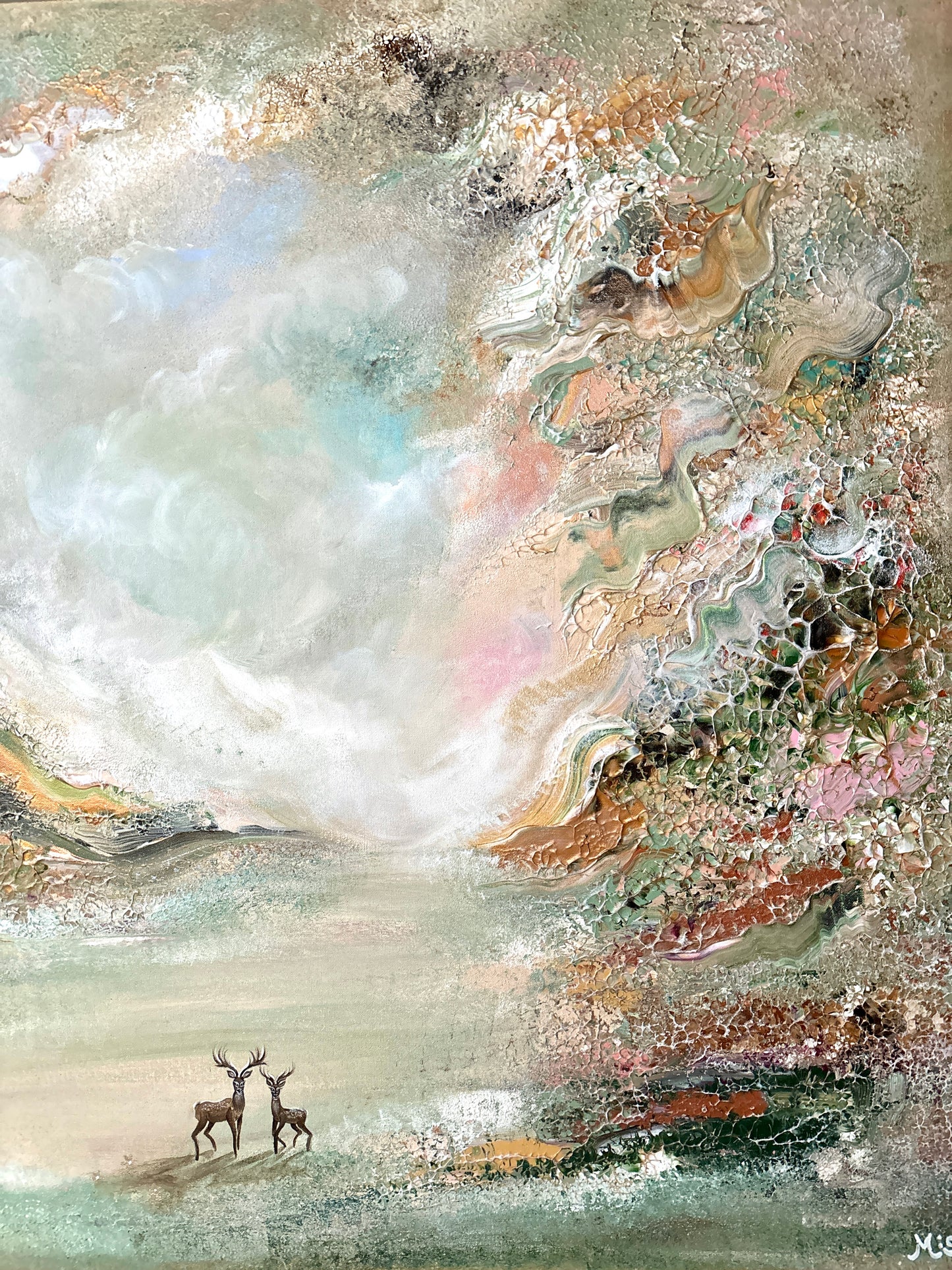 Green deer dreamscape - Original Painting