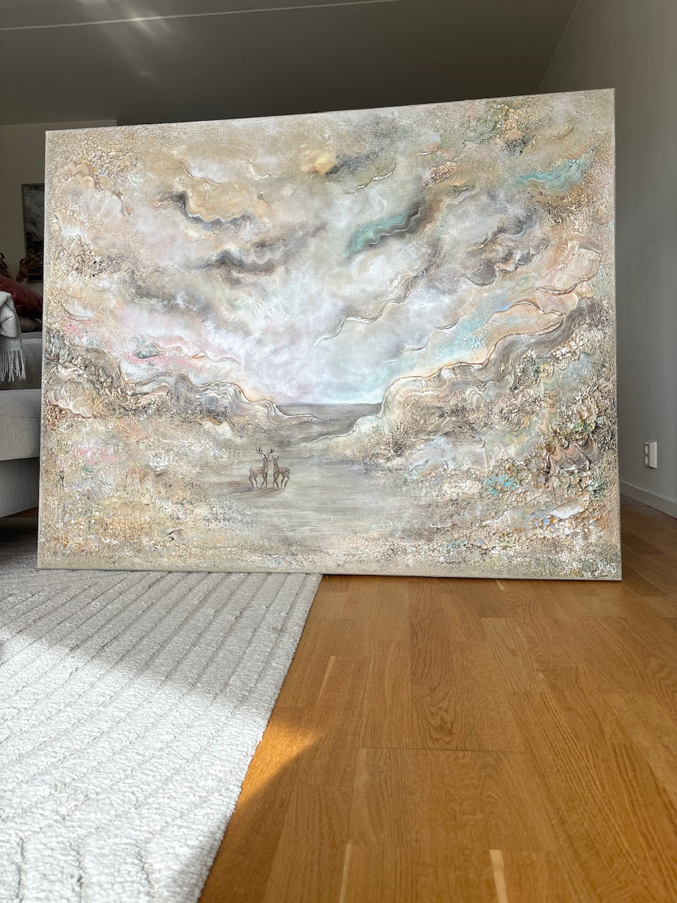 Beige Heavenly Deers - Original Painting