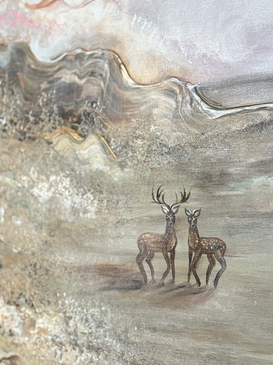 Beige Heavenly Deers - Original Painting