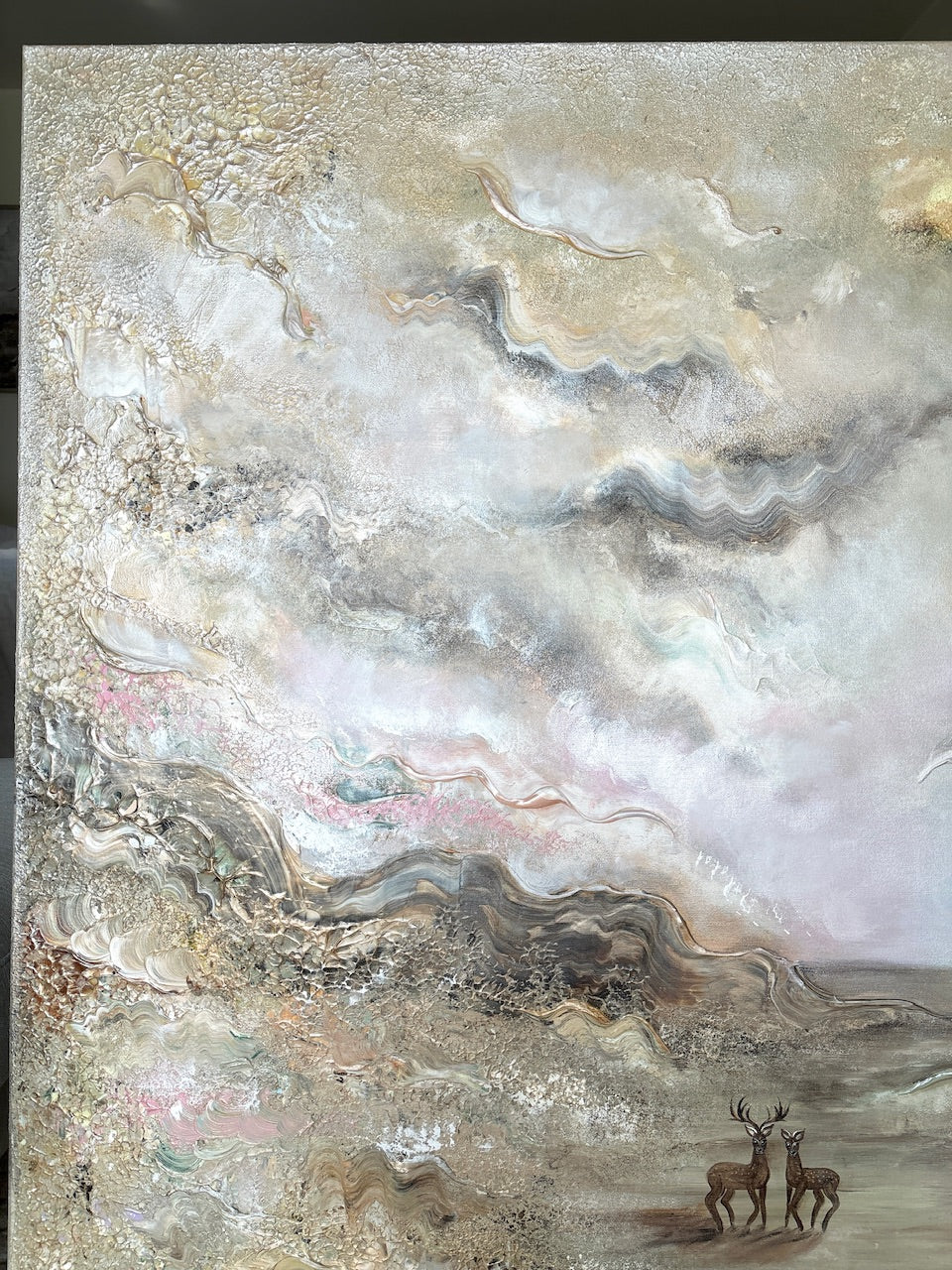 Beige Heavenly Deers - Original Painting