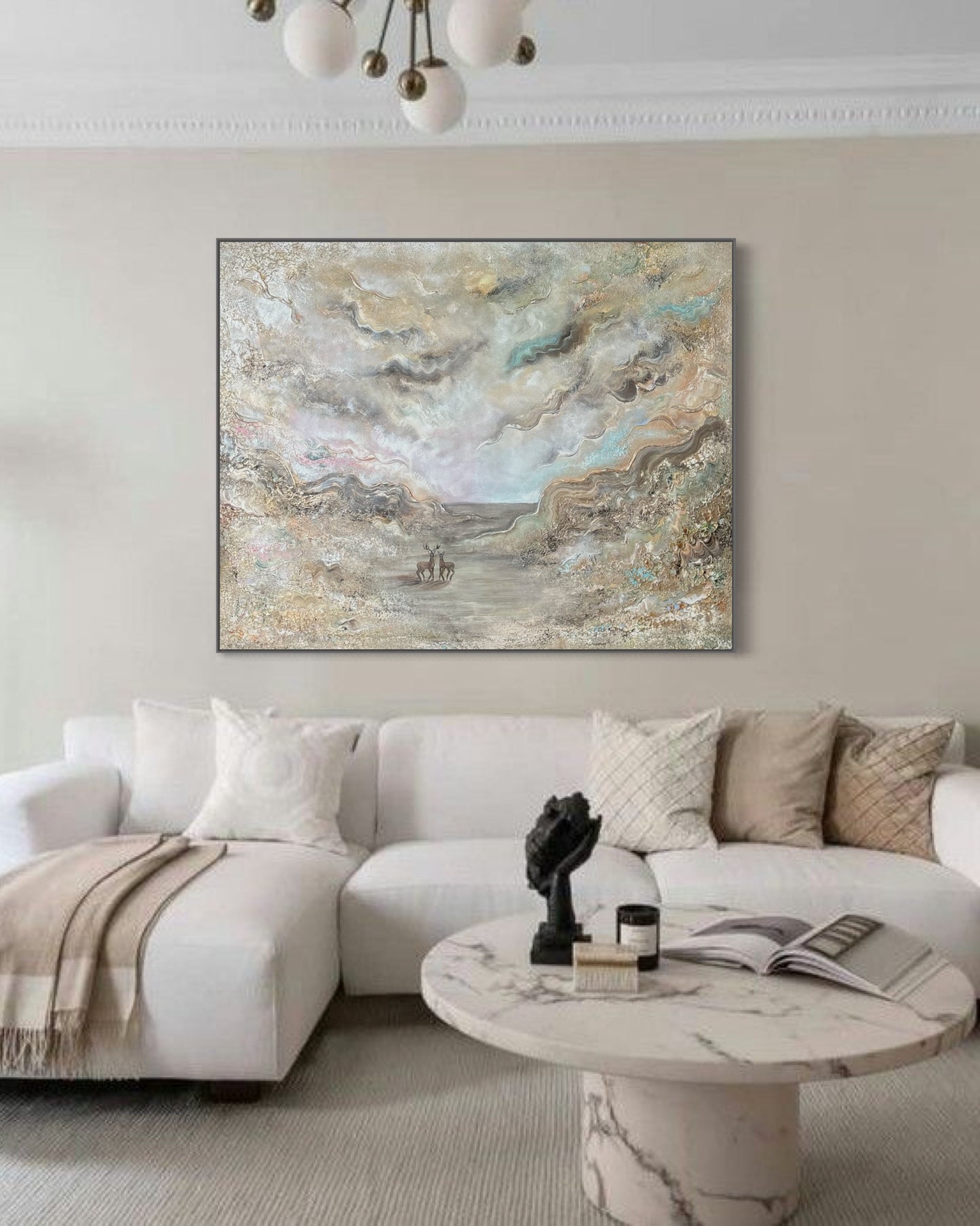 Beige Heavenly Deers - Original Painting