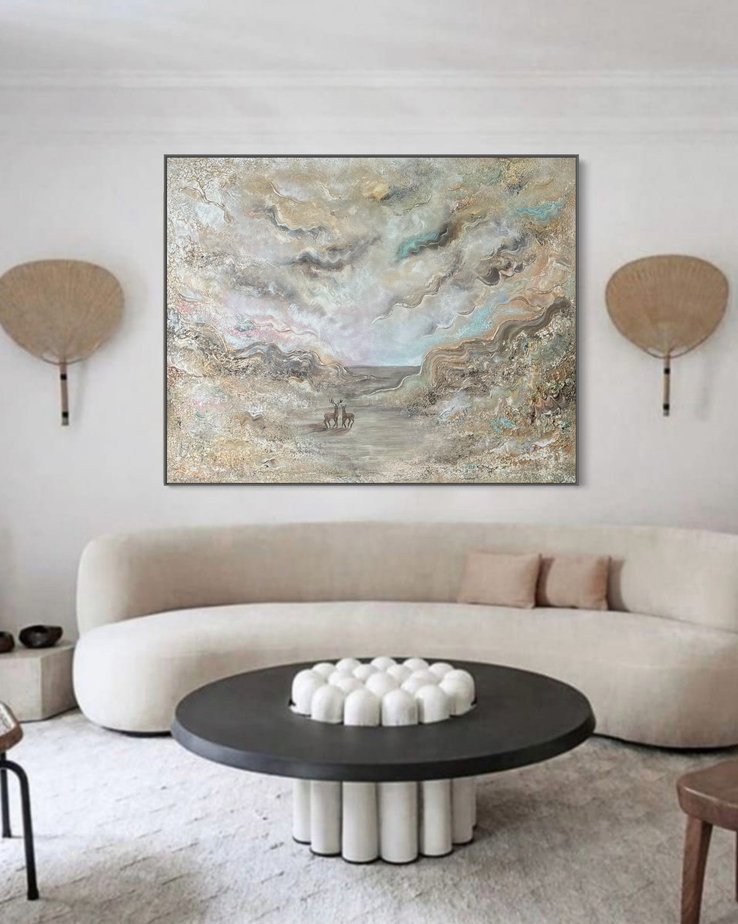 Beige Heavenly Deers - Original Painting
